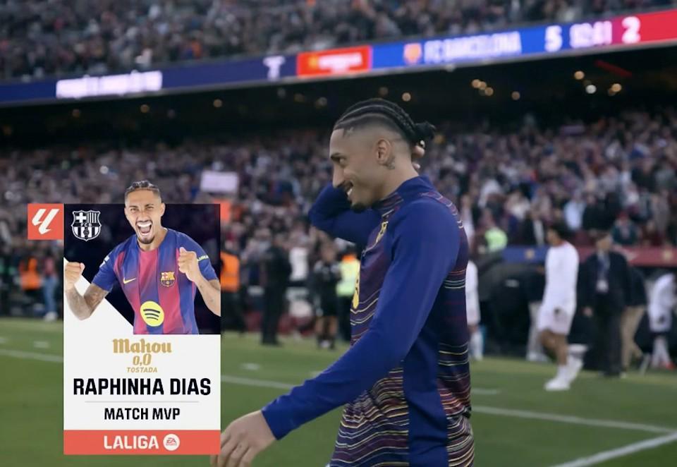 b体育官网-帽子戏法，拉菲尼亚当选巴萨vs塞维利亚全场最佳球员